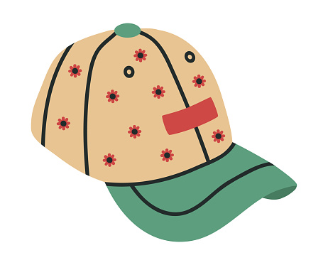 Sport baseball cap. Modern textile headwear, fashion accessory hand drawn flat vector illustration. Trendy baseball cap