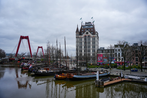 Gelderseplein 24-8, 3011 WZ Rotterdam, Netherlands - December 26, 2023: Oude Haven Area. Cloudy weather.