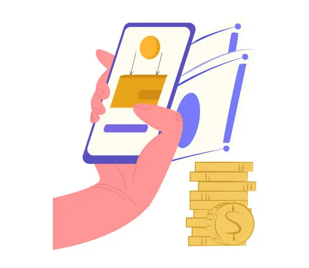 Vector illustration of Hand holding smartphone with credit card and coin on screen, money stacks beside it. Digital payment, online banking and investment concept vector illustration