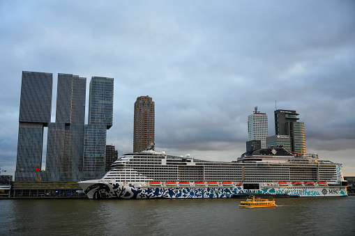 Rotterdam, Netherlands - December 26, 2023: MSC liner at the port of Rotterdam.