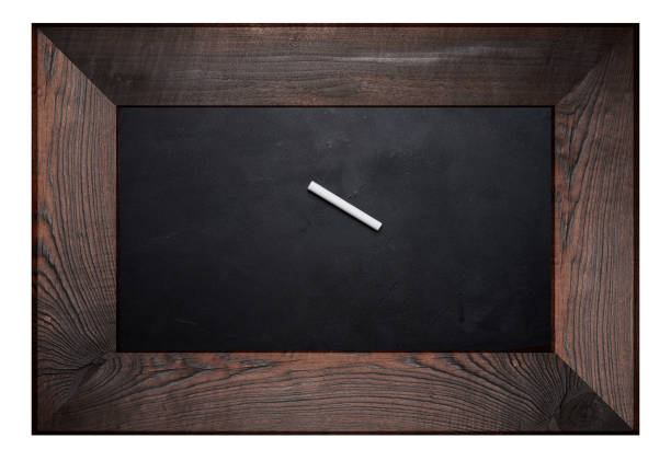 Rectangular chalk board in a wooden brown frame and a piece of white chalk on an isolated background. Copy space
