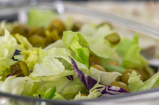 A Close-Up Glimpse of Wholesomeness: Fresh Lettuce, Purple Cabbage, Olives, and Pickles with a Beautifully Blurred Background.