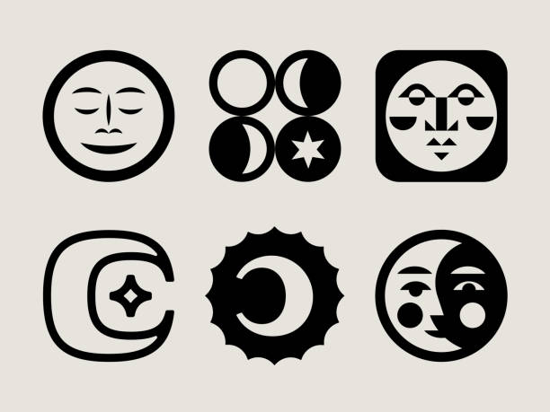 Retro Moon Icons Retro Moon Icons spirituality smiling black and white line art stock illustrations
