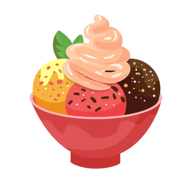 Vector illustration of Bowl of assorted ice cream scoops. Dessert illustration with different flavors and toppings. Sweet food concept vector illustration