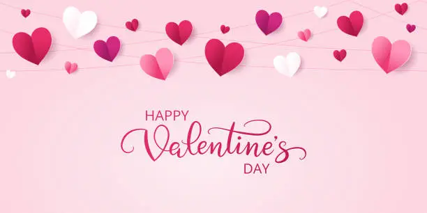 Vector illustration of Valentine's Day banner. Seamless decoration, red and white hearts string on pink background. Holiday frame, border.