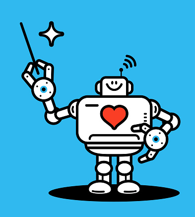 Cute AI characters vector art illustration.
An Artificial Intelligence Robot with a love heart symbol holding a pointer stick, Love and technology concept.