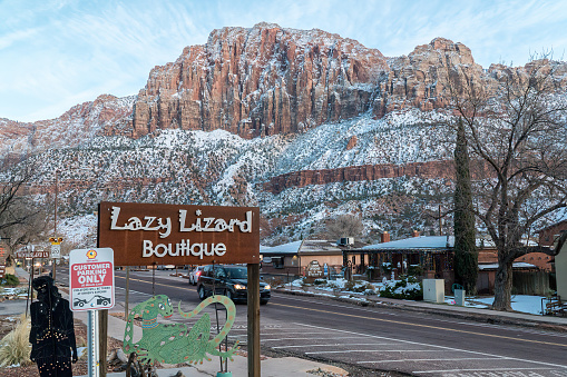 Zion, Utah, United States - 26 Dec 2016:  Lazy Lizard Boutique against the picturesque mountains in downtown Zion.
