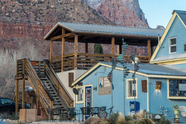 Zion, Utah, United States - 26 Dec 2016:  Deer Creek Coffee with a Mountain Backdrop in Zion.