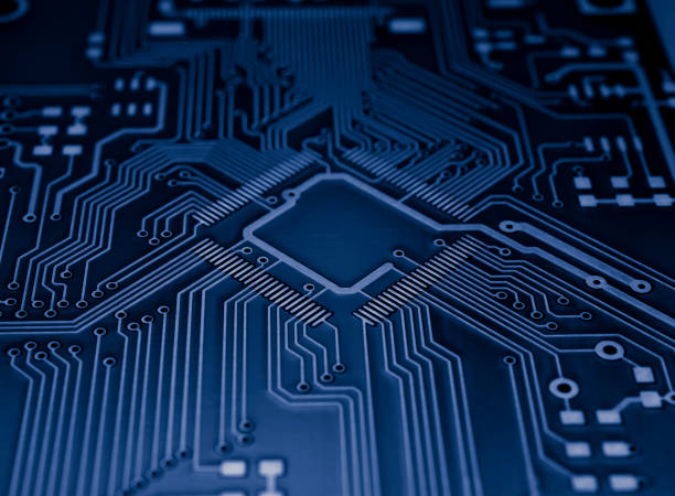 istock dark blue printed circuit. layout of tracks. 1940787400