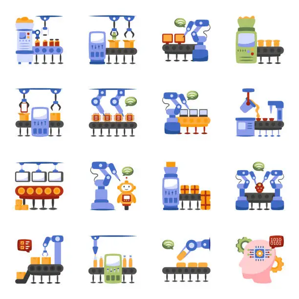 Vector illustration of Pack of Production Machines Flat Icons