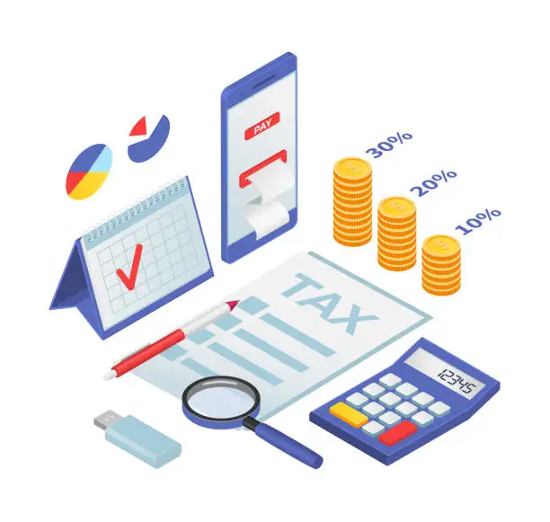 Vector illustration of Isometric tax calculation concept with calendar, calculator, and smartphone. Online payment and finance management vector illustration