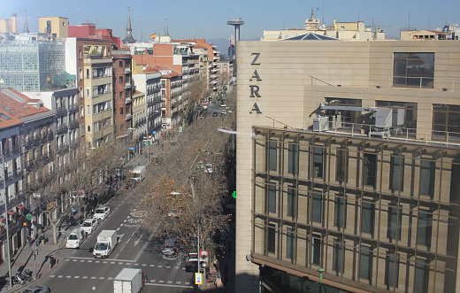 Madrid, Spain - 02 20 2023 : A view of a street in Madrid from El Corte Ingles building in Goya