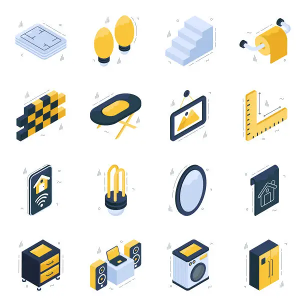 Vector illustration of Pack of Interior Decoration Isometric Icons