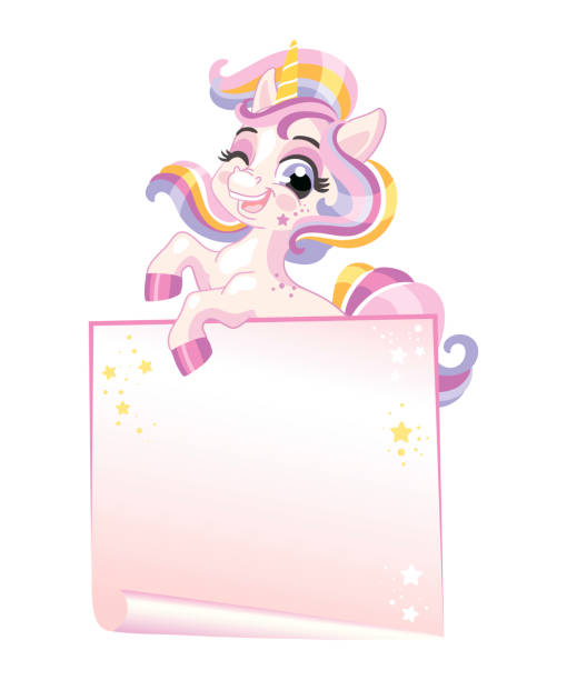 Empty banner cute unicorn vector illustration Empty banner with cute happy unicorn vector illustration. Magic horse with paper sheet template isolated on white background. For print, design, T-shirt, banner, invitation,poster. Vector illustration disney character free background stock illustrations