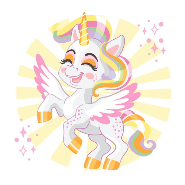 Cute cartoon baby unicorn vector illustration Cute happy smiling baby unicorn with a wings and spark in pastel colors. Vector illustration in cartoon style for print, kids clothes, souvenirs, stickers. Isolated character on white background disney character free background stock illustrations