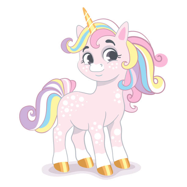 Happy cartoon baby unicorn vector illustration Cute happy smiling baby unicorn with long mane in pastel colors. Vector illustration in cartoon style for print, decorations, kids clothes, souvenirs, stickers. Isolated character on white background disney character free background stock illustrations