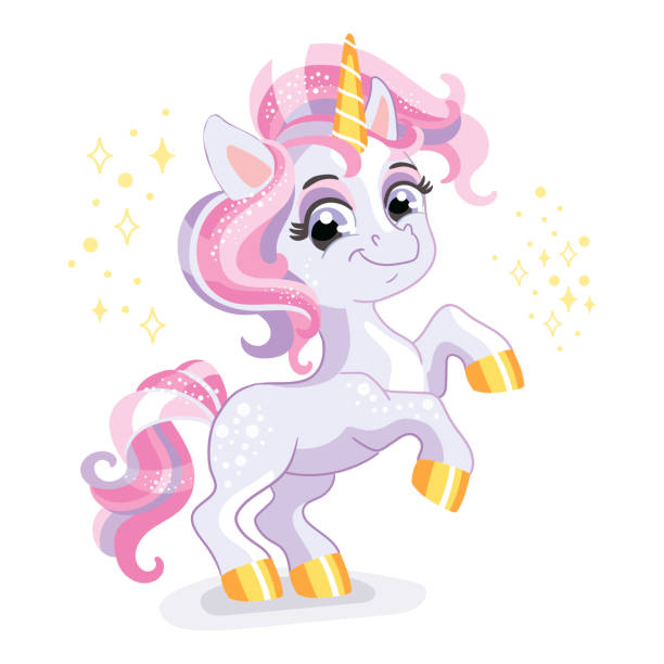 Funny cartoon baby unicorn vector illustration Cute happy smiling baby unicorn with a spark in pastel colors. Vector illustration in cartoon style for print, decor, kids clothes, souvenirs, stickers. Isolated character on white background disney character free background stock illustrations
