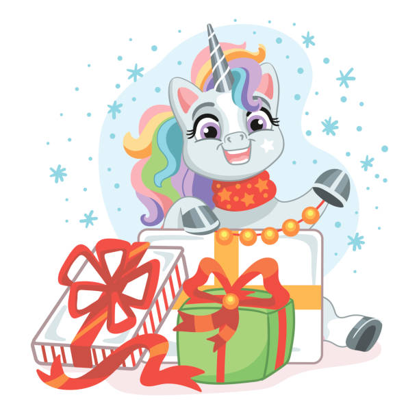 Cute cartoon baby unicorn with a gifts Cute happy smiling baby unicorn with a gifts and snowflakes. Christmas unicorn. Vector illustration cartoon style for print, kids clothes, souvenirs, stickers. Isolated character, white background disney character free background stock illustrations