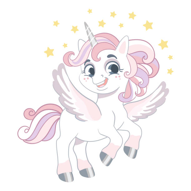 Cute cartoon little unicorn vector illustration Cute happy smiling little unicorn with a wings and stars in pastel colors. Vector illustration in cartoon style for print, decorations, kids clothes, stickers. Isolated character on white background disney character free background stock illustrations