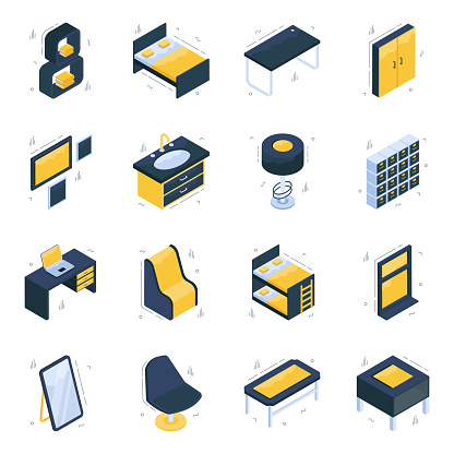 Elevate your design projects with this vector pack. This stunning home interior pack includes some really cool furniture icons. Download and get designing.