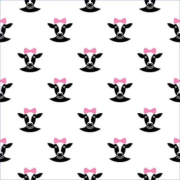 Vector illustration of Cute Cows With Pink Bows Seamless Pattern