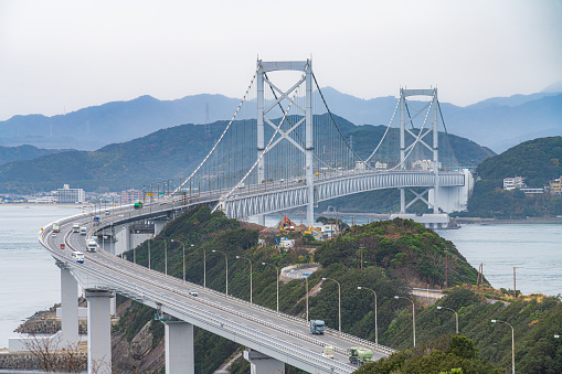 The Onaruto Bridge (Great Naruto Bridge). A suspension bridge on the Kobe-Awaji-Naruto Expressway connecting Minamiawaji, Hyogo on Awaji Island with Naruto, Tokushima on Oge Island, Japan