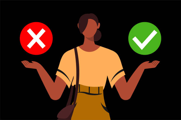 Business woman choose among yes or no answer. Business woman choose among yes or no answer. Decision making process, doubts, worries, dilemma. Yes and No concept. Flat vector illustration isolated on black background. yes no icon stock illustrations