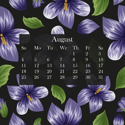 blooming calendar for the month of August 2024, which consists of opened buds of violets, green leaves and unopened buds on a black background, vector