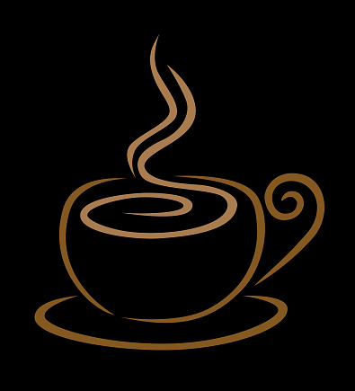 Vector illustration of a swirl style cup of cooffee with steam on a black background.