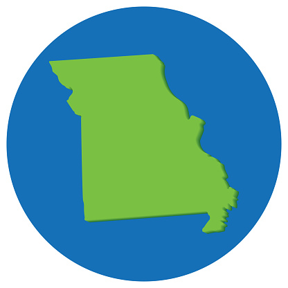 Missouri state map in globe shape green with blue round circle color. Map of the U.S. state of Missouri.