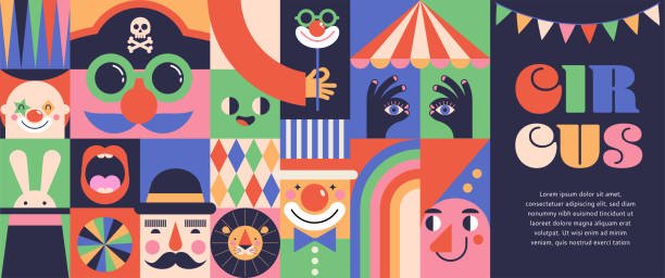 Circus, Carnival, Street Festival, Purim Carnival concept illustrations, Circus background. Geometric retro style design. Vector illustrations