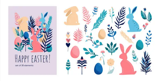 Vector illustration of Set of Easter elements. Vector minimalistic illustration of bunnies, flowers, twigs and eggs. Flat composition.