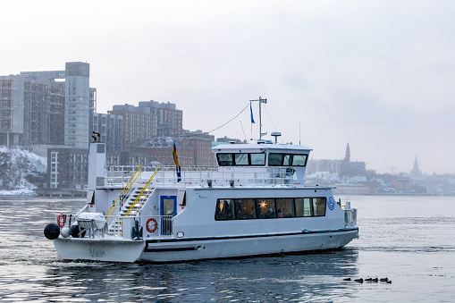 Stockholm, Sweden Jan 4, 2023 An SL public transportation ferry boat in winter.