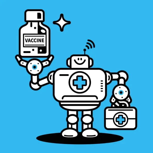 Vector illustration of An Artificial Intelligence Robot Doctor holding a first aid kit or medical bag and a big vaccine bottle, AI Healthcare Guardian, Digital Medicinal Expert