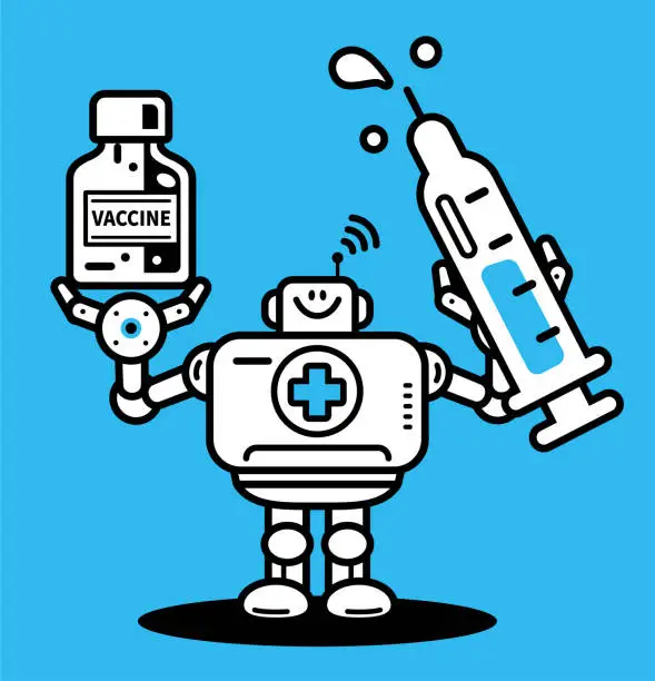Vector illustration of An Artificial Intelligence Robot Doctor holding a syringe and a vaccine bottle, AI Healthcare Revolution, Futuristic Medical Technology