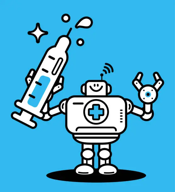 Vector illustration of An Artificial Intelligence Robot Doctor holding a big syringe, Precision Medicine and Technology