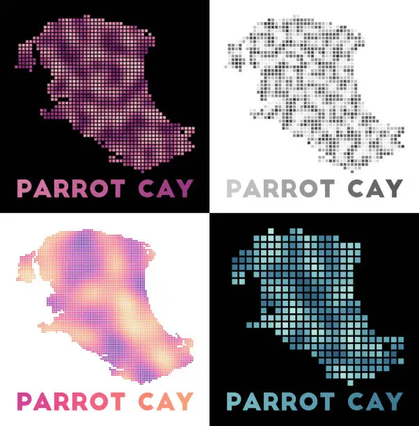 Vector illustration of Parrot Cay map. Collection of map of Parrot Cay in dotted style. Borders of the island filled with rectangles for your design. Vector illustration.