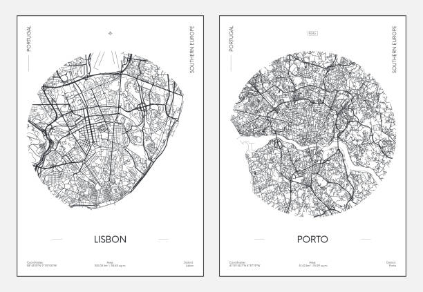 ilustrações de stock, clip art, desenhos animados e ícones de travel poster, urban street plan city map lisbon and porto, vector illustration - douro
