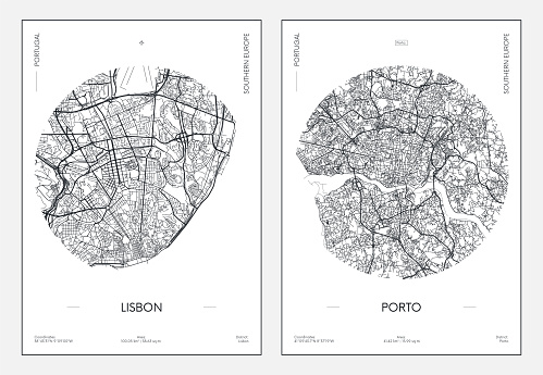 Travel poster, urban street plan city map Lisbon and Porto, vector illustration