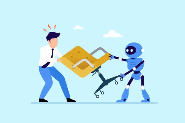 Vector illustration of Human and Robot Artificial Intelligence fighting over for chair and job