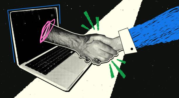 istock Handshake in retro collage style. Hands with halftone effect make a deal, a hand comes out of a laptop, online deals. Vector modern illustration. 1941097755