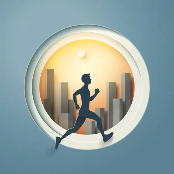 Vector illustration of People running for health in city landscape.Marathon or Trail running sport activity. Paper art vector illustration.