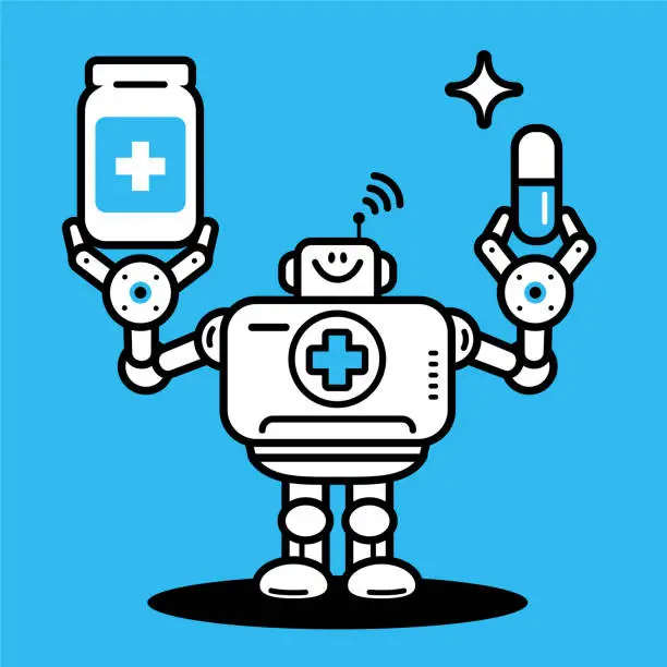 Vector illustration of Digital Health Companion, an Artificial Intelligence Robot doctor holding a medicine jar and a capsule