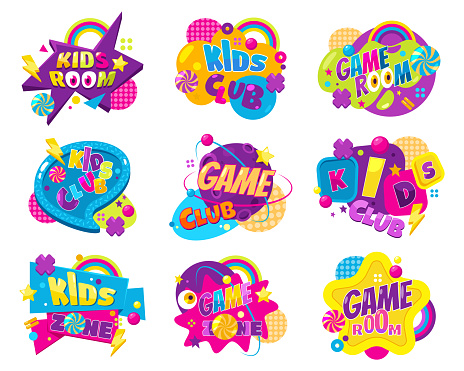 Set of isolated vector kids or children labels for playroom or game zone. Child play area banner, playing zone sticker, badge or sign for kids club. Childish playground decoration design. Room text