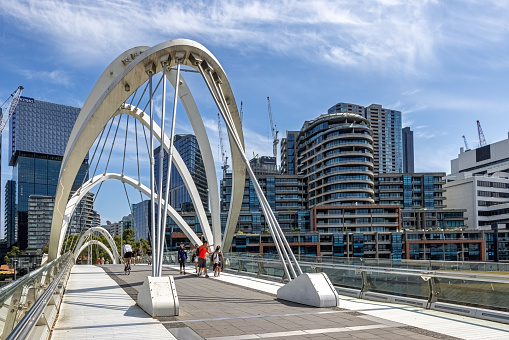 Melbourne, Australia - 21 January 2023: The Seafarers Bridge, a footbridge over the Yarra River, between Docklands and South Wharf in Melbourne, Australia