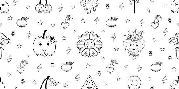 Vector illustration of Doodle girl fruit pattern. Cute kid seamless background. Abstract seamless. Funny strawberry, cherry, flower characters. Cartoon kids exotic dessert background. Vector kawaii food. Coloring book