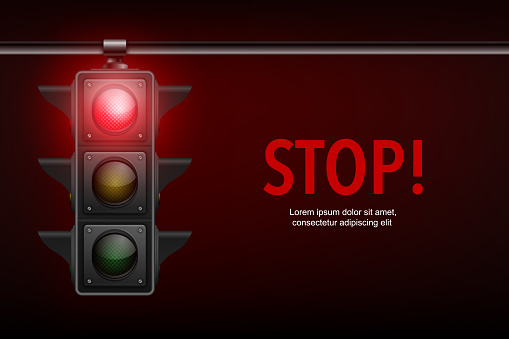 Vector Realistic Banner with Hanging Traffic Light with Glowing Red Prohibiting Signal Isolated on Black Background.