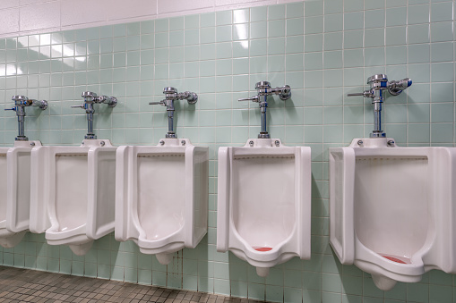 Row of multiple white porcelain ceramic urinals in an older men's bathroom with green tile.