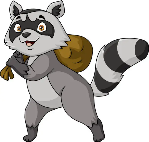 Vector illustration of Cute thief raccoon cartoon with money bag