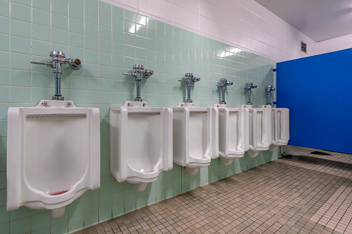 Row of multiple white porcelain ceramic urinals in an older men's bathroom with green tile.